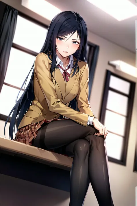 ((masterpiece,best quality, detailed)), hard rim lighting, (dramatic lighting),sharp focus, looking at viewer, ambient light,
<lora:KuriharaMariV1:0.8>, kurihara mari \(prison school\), school uniform, neck ribbon, pleated skirt, pantyhose,
sitting, (desk), window, crossed legs, elbow rest