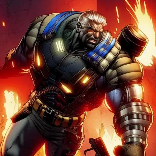 shot of BrolinCable whole body as he holds a smaller bad guy up off the ground in one hand, white background , animation, moebius