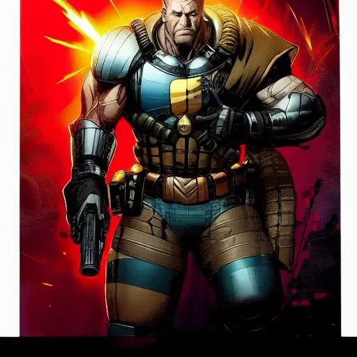 shot of BrolinCable whole body as he holds a smaller bad guy up off the ground in one hand, white background , animation, moebius