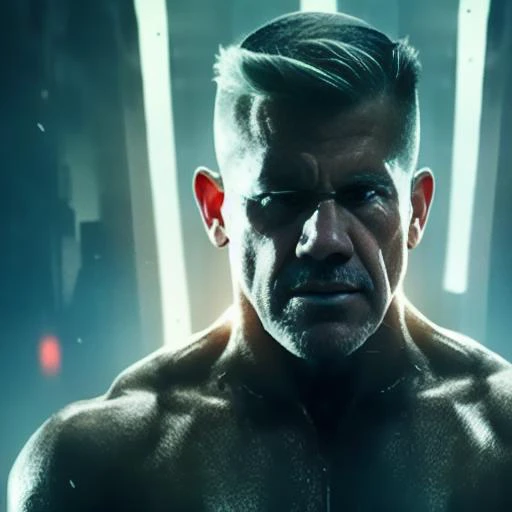 shot of BrolinCable whole body as he holds a smaller bad guy up off the ground in one hand, white background , photo, dynamic lighting, masterpiece, highly detailed, Style-BladeRunner2049-8v