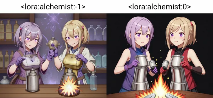 <lora:alchemist:-1>,alchemist, flask, explosion, purple gloves, 2girls,