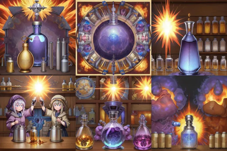 <lora:alchemist:-1>,alchemist, flask, explosion, no_humans