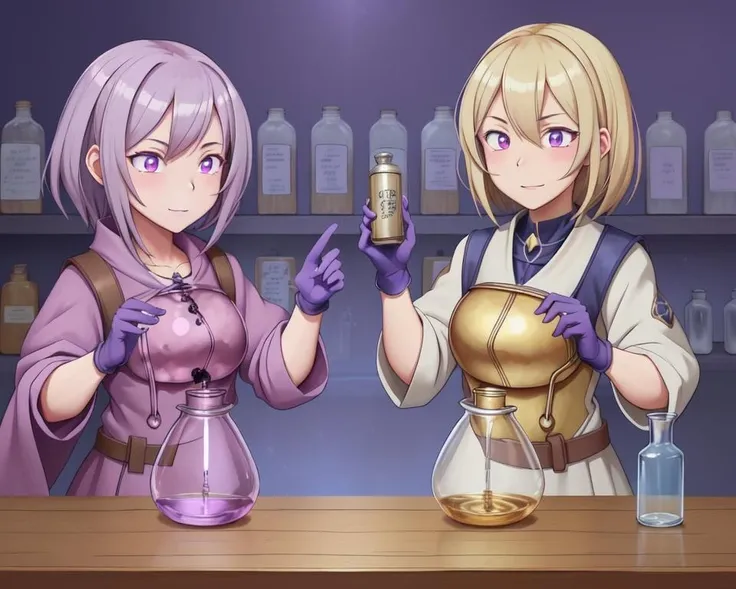 <lora:alchemist:-1>,alchemist, flask, explosion, purple gloves, 2girls, blue light, metal bowl
