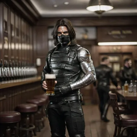 cinematic photo a full body tom cruise with a metalic arm and black leather gloves having a beer in a pub<lora:WinterSoldier1024:0.8> . 35mm photograph, film, bokeh, professional, 4k, highly detailed