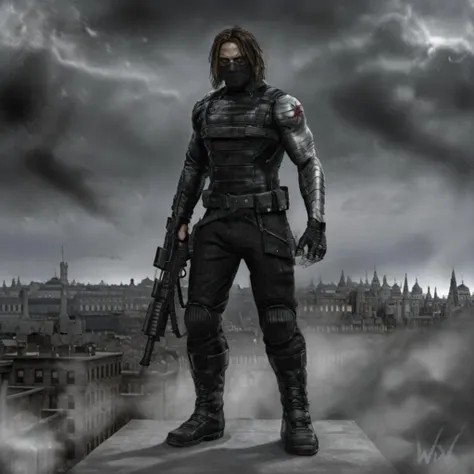 Dystopian style a full body man with black gloves and with a mask holds a rifle, city <lora:WinterSoldier1024:0.8> . Bleak, post-apocalyptic, somber, dramatic, highly detailed