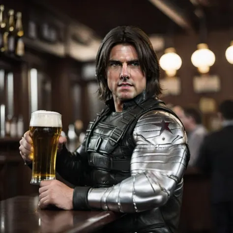 cinematic photo tom cruise with a metalic arm having a beer in a pub <lora:WinterSoldier1024:0.8> . 35mm photograph, film, bokeh, professional, 4k, highly detailed