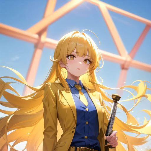 nanami, yellow goggles,1girl,blue shirt,yellow tie,white pants,suit,detail,yellow hair, yellow  eyes,blonde hair,hold  weapon,belt,long sword