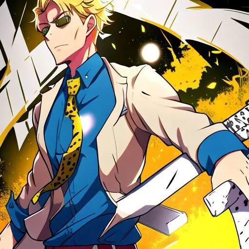 nanami, yellow goggles,1girl,blue shirt,yellow tie,white pants,suit,detail,yellow hair, yellow  eyes,blonde hair,hold weapon,belt,sword