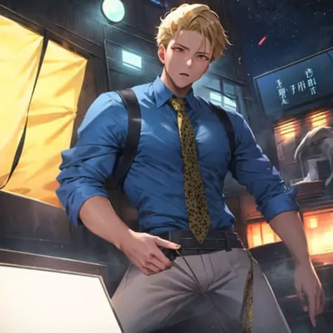 masterpiece, hyper detailed, highres, good anatomy, solo, nanami, blue shirt, suit, yellow tie, action pose, night sky, pants, goggles, square jaw