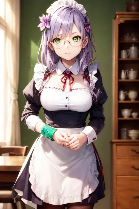 yuki izumi, glasses, green eyes, hair ornament, long hair, purple hair, maid, dining room,<lora:Yuki_Izumi-04:0.8>