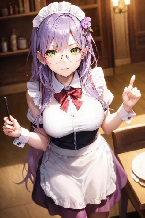 yuki izumi, glasses, green eyes, hair ornament, long hair, purple hair, maid, dining room,<lora:Yuki_Izumi-04:0.8>