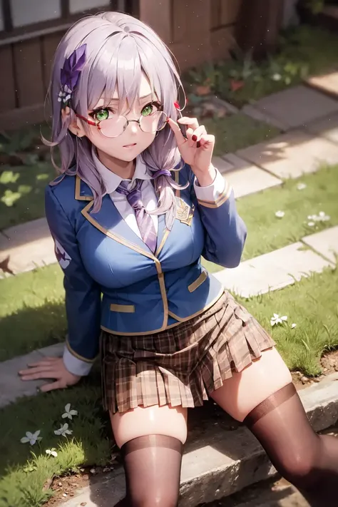 yuki izumi, glasses, green eyes, hair ornament, long hair, pleated skirt, purple hair, school uniform, thighhighs, <lora:Yuki_Izumi-04:0.8>