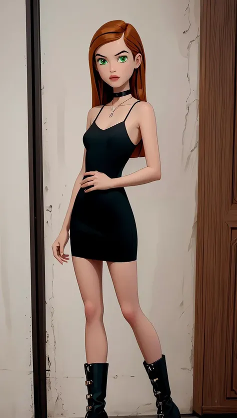 full body, masterpiece,best quality,ultra high res, <lora:Gwen1.0:0.9> 1girl, long hair,extremely detailed green eyes, black minidress, straps, choker, boots