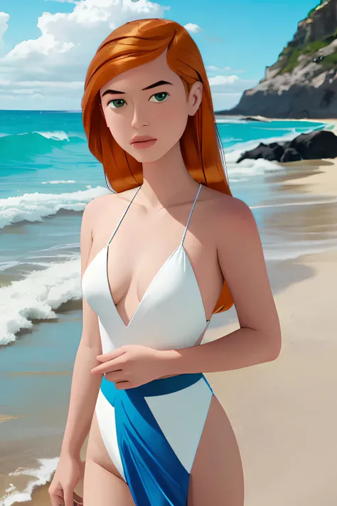 (masterpiece, 1girl, solo), gwen tennyson, long hair, beach, highly detailed, high definition, 4K, <lora:Gwen1.0:1>
