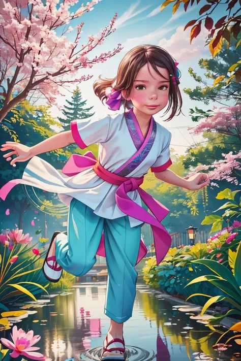 (centered) full body shot, solo adult woman in fantasy garden wearing (colorful HANFU COSTUME:1.1) (with pants) playfully jumping in a small puddle <lora:MarcelMarlier:0.8> marlier, Ombre color scheme of neon pink, neon blue, neon yellow, neon green,