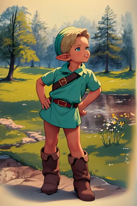 masterpiece, best quality, 1boy, younglink, blonde hair, blue eyes, hat, pointy ears, green tunic, belt, boots, hands on hips, outdoors, meadow background <lora:YoungLink:0.8>  <lora:MarcelMarlier:1>
