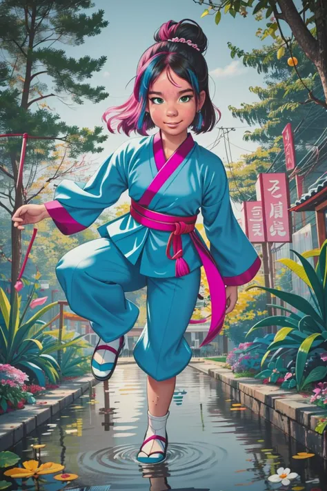 (centered) full body shot, solo adult woman in fantasy garden wearing (colorful HANFU COSTUME:1.1) playfully jumping in a small puddle <lora:MarcelMarlier:0.8> marlier