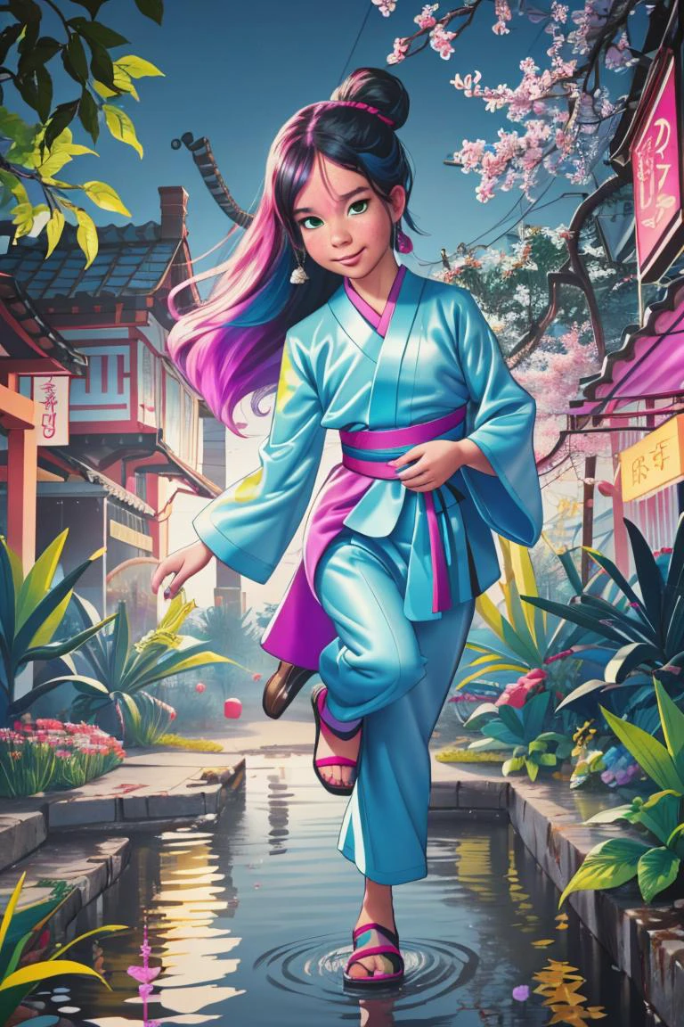 (centered) full body shot, solo adult woman in fantasy garden wearing (colorful HANFU COSTUME:1.1) playfully jumping in a small puddle <lora:MarcelMarlier:0.8> marlier