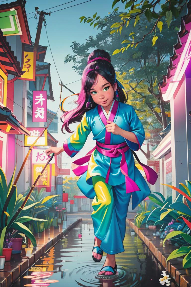(centered) full body shot, solo adult woman in fantasy garden wearing (colorful HANFU COSTUME:1.1) playfully jumping in a small puddle <lora:MarcelMarlier:0.8> marlier