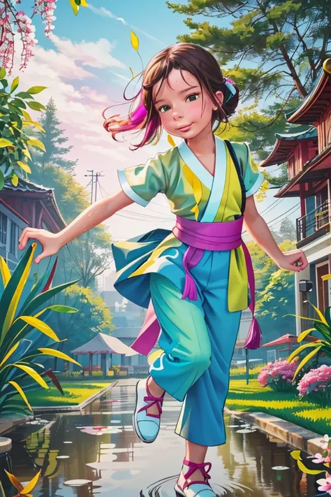 (centered) full body shot, solo adult woman in fantasy garden wearing (colorful HANFU COSTUME:1.1) (with pants) playfully jumping in a small puddle <lora:MarcelMarlier:0.8> marlier, Ombre color scheme of neon pink, neon blue, neon yellow, neon green,