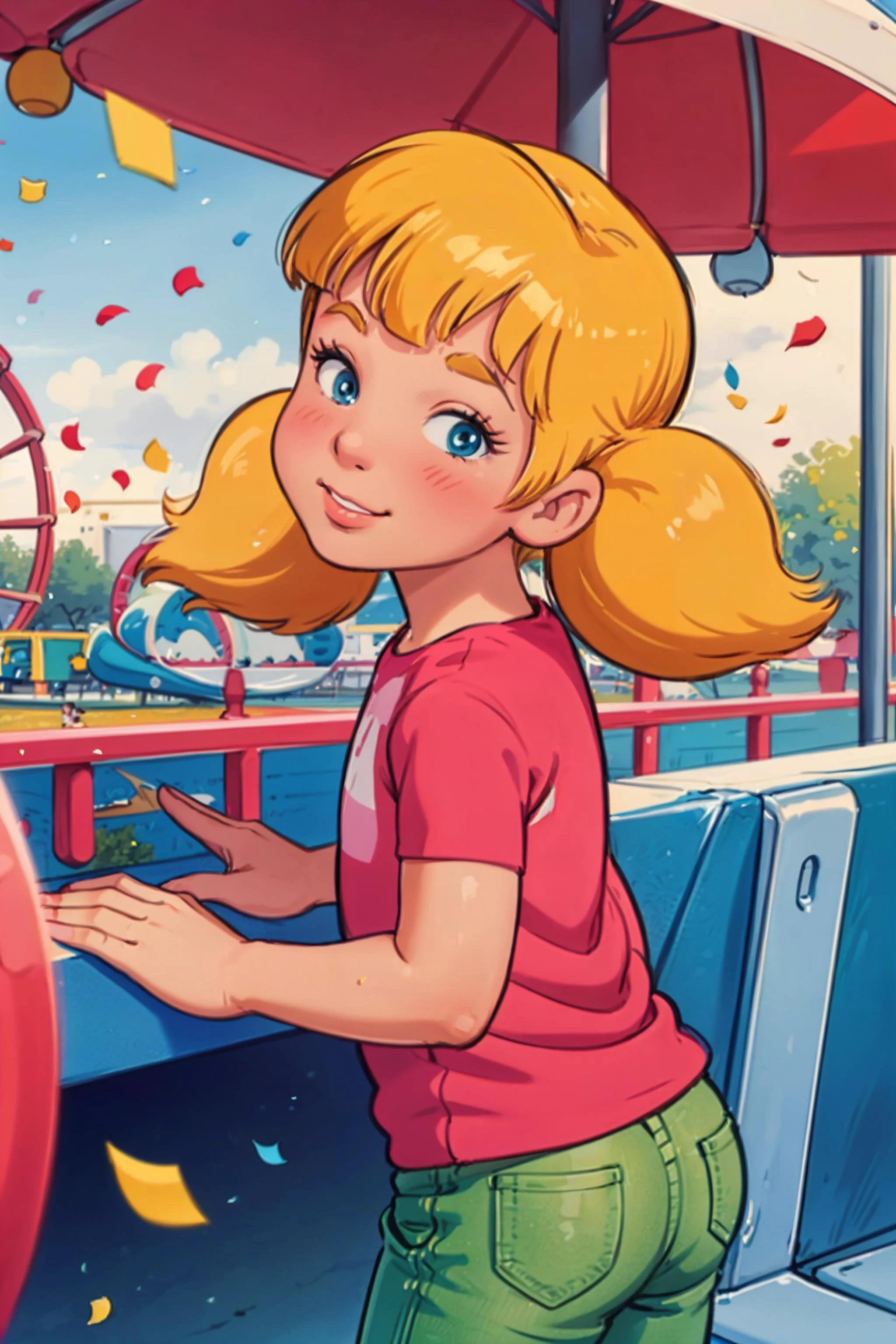 <lora:Penny:0.7> blonde, twintails, blue eyes, sultry, blush, watercolor style, head tilt, flat chest, pleased, amusement park, (crowd:1.21), (pov groping ass), 1boy, ferris wheel in background, confetti, red shirt, green pants, (close up:1.3), shallow depth of field, vignette, highly detailed, <lora:MarcelMarlier:0.7> marlier