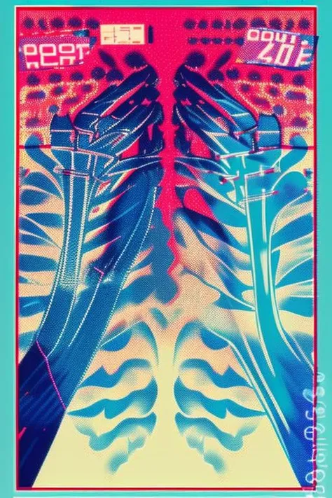 An overprinted image capturing the energy of a concert crowd, red and blue tones mirroring the pulsating rhythm of the music and the excitement of the audience:1.5, overprinted image:1.2, concert crowd:1.2, red and blue tones:1.2, pulsating rhythm:1.1, excitement:1.0, music:1.0, audience:1.0. , overprint_effect