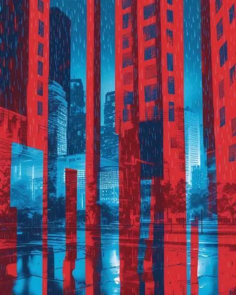 A cityscape transformed by the red and blue overprint effect during a rainy ht, the reflective surfaces amplifying the urban ambiance and creating a moody atmosphere:1.5, cityscape:1.2, red and blue overprint effect:1.2, rainy nig1.2, reflective surfaces:1.1, urban ambiance:1.1, moody atmosphere:1.1. , overprint_effect<lora:Overprint_effect_sdxl:1.0>
