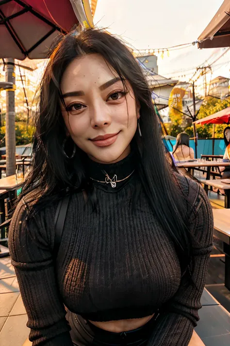 leeSoyou1 piercing eyes, looking straight, very happy,long hair, wearing an tight sweater, choker, closeup portrait, in a outdoor cafe in 2015, afternoon light