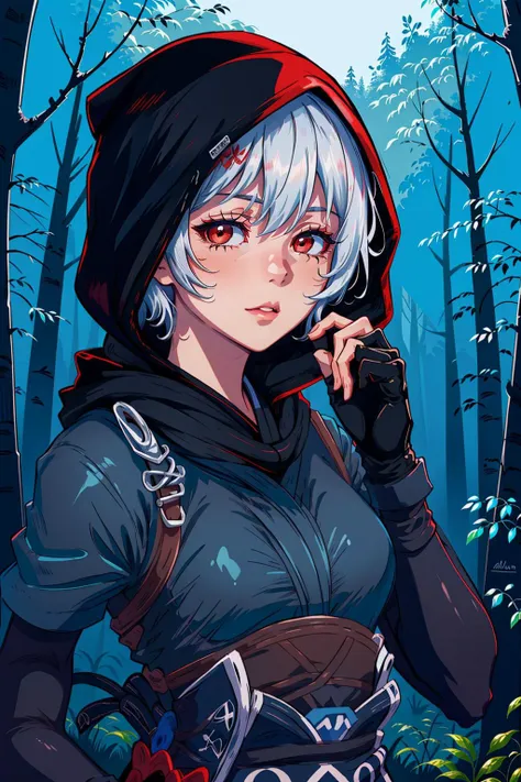 Determined young white girl with long gray hair and big amber eyes wearing a dark blue beret and wearing a dark blue hunting uniform with a bag strap around her body and a red bandana around her neck holding an ax with blood running down her face in the middle of a dark forest