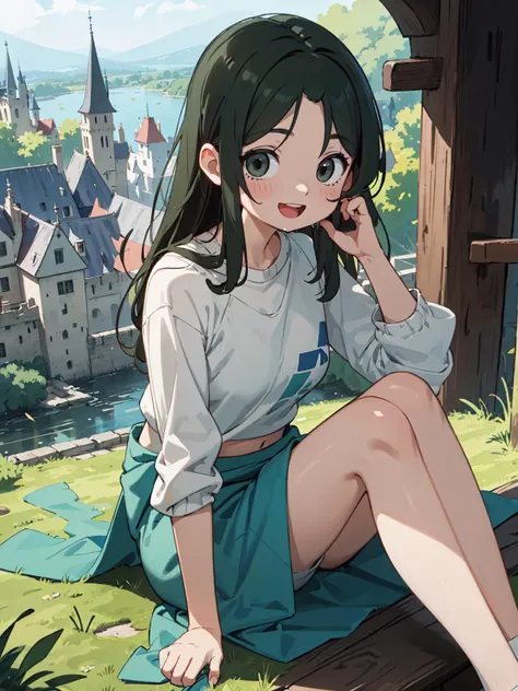 1 girl, best quality, ultra detailed, (minor:1.2), round eyes,
happy, :d, medium breast,
dark green hair, long hair, , ,
Aerial View, above the knee, resting on a diagonal,
high chroma raglan sleeves, dripping colors sarong,
in a castle