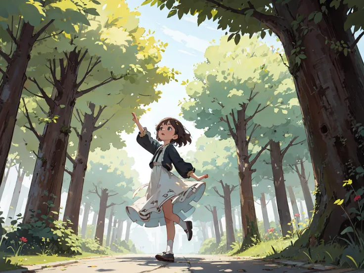 1 girl, best quality, ultra detailed,
perspective, from front, from below, dancing, tree-lined street