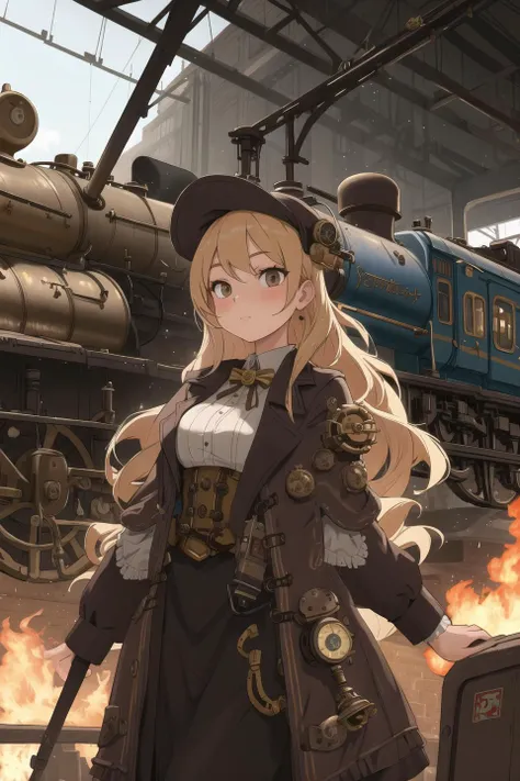 masterpiece,best quality,1girl,blonde hair,station,steampunk,locomotive
