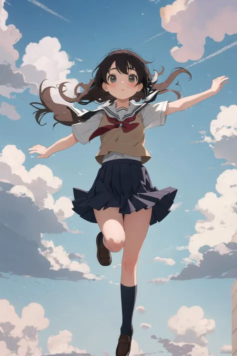 masterpiece,best quality,1girl,(jump,floating:1.1),school uniform,looking at viewer,landscape,clouds,