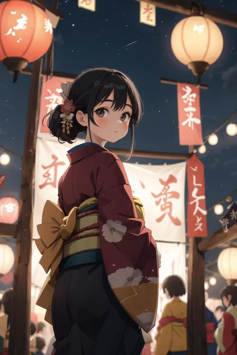 masterpiece,best quality,1girl,kimono,festival,from behind,looking at viewer,outdoor,night,bow
