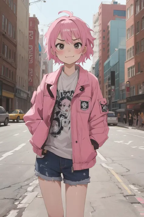 masterpiece,best quality,1girl,punk,pop,short pink hair,city,(frown:1),(smile:1.0),