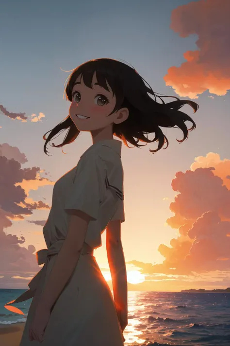 masterpiece,best quality,1girl,smile,backlighting,sea,sunset,landscape