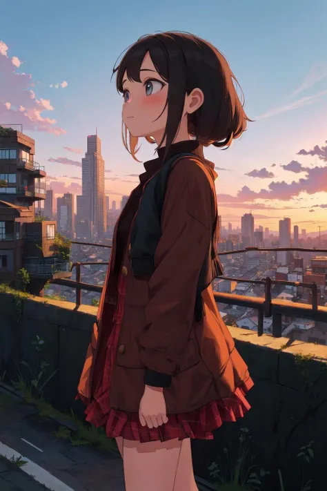 masterpiece,best quality,1girl,dusk,city,hill road
