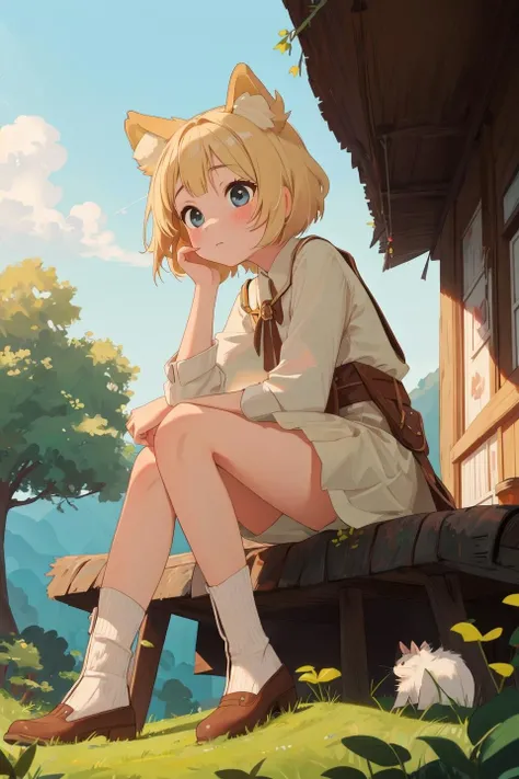masterpiece,best quality,1girl,outdoor,sitting,countryside, village,from below,face,animal ears,blonde short hair