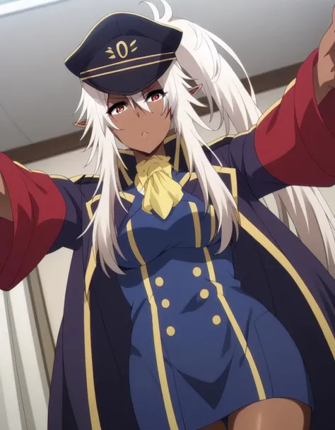 score_9, score_8_up, score_7_up, source_anime,
shadowlambda, <lora:shadow-lambda-ponyxl-lora-nochekaiser:1>,
lambda, long hair, white hair, pointy ears, dark skin, dark-skinned female, sidelocks, ponytail, red eyes,
hat, uniform, coat, sleeves past wrists, military, military uniform, peaked cap,
indoors, bed, bed room, on back, arm support, arms up, incoming hug, pov, reaching, reaching towards viewer,
looking at viewer, cowboy shot, dutch angle,
