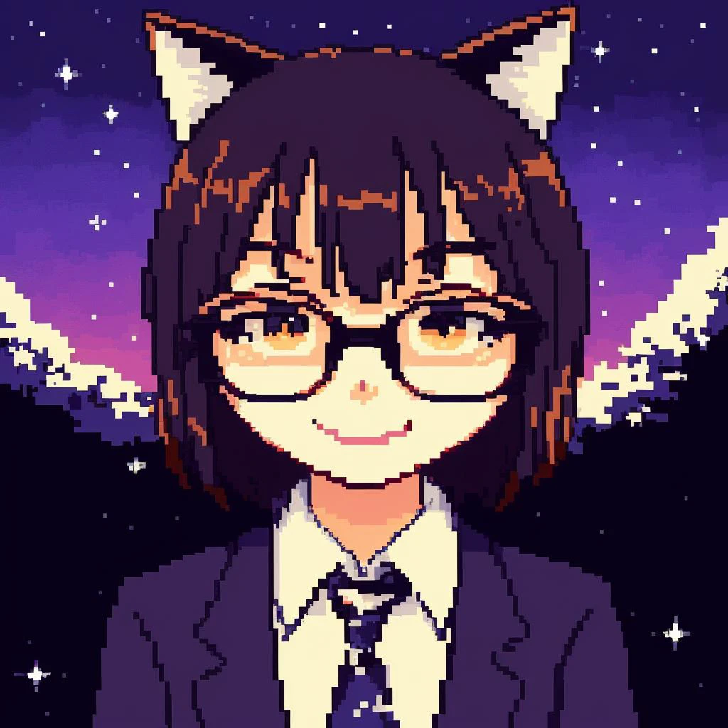 <lora:PA-pixelart:0.8>
(cute, cat girl, smiling:1.1), black suit, serious glasses, stars, 8bit, pixel style, detailed portrait, expressive, close up, big detailed eyes, shining eyes
anime style, purple hue