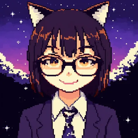 <lora:PA-pixelart:0.8>
(cute, cat girl, smiling:1.1),  black suit, serious glasses, stars, 8bit, pixel style, detailed portrait, expressive, close up, big  detailed eyes, shining eyes
 anime style, purple hue