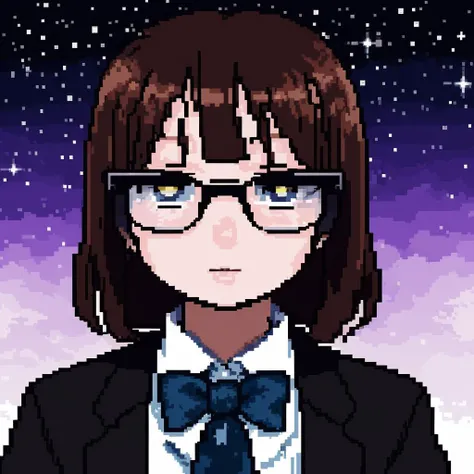 <lora:PA-pixelart:0.8>
(cute, cat girl:1.1),  black suit, serious glasses, stars, galaxy, 8bit, pixel style, (detailed portrait:1.1), expressive, close up, big  detailed eyes, shining eyes
 anime style, purple hue