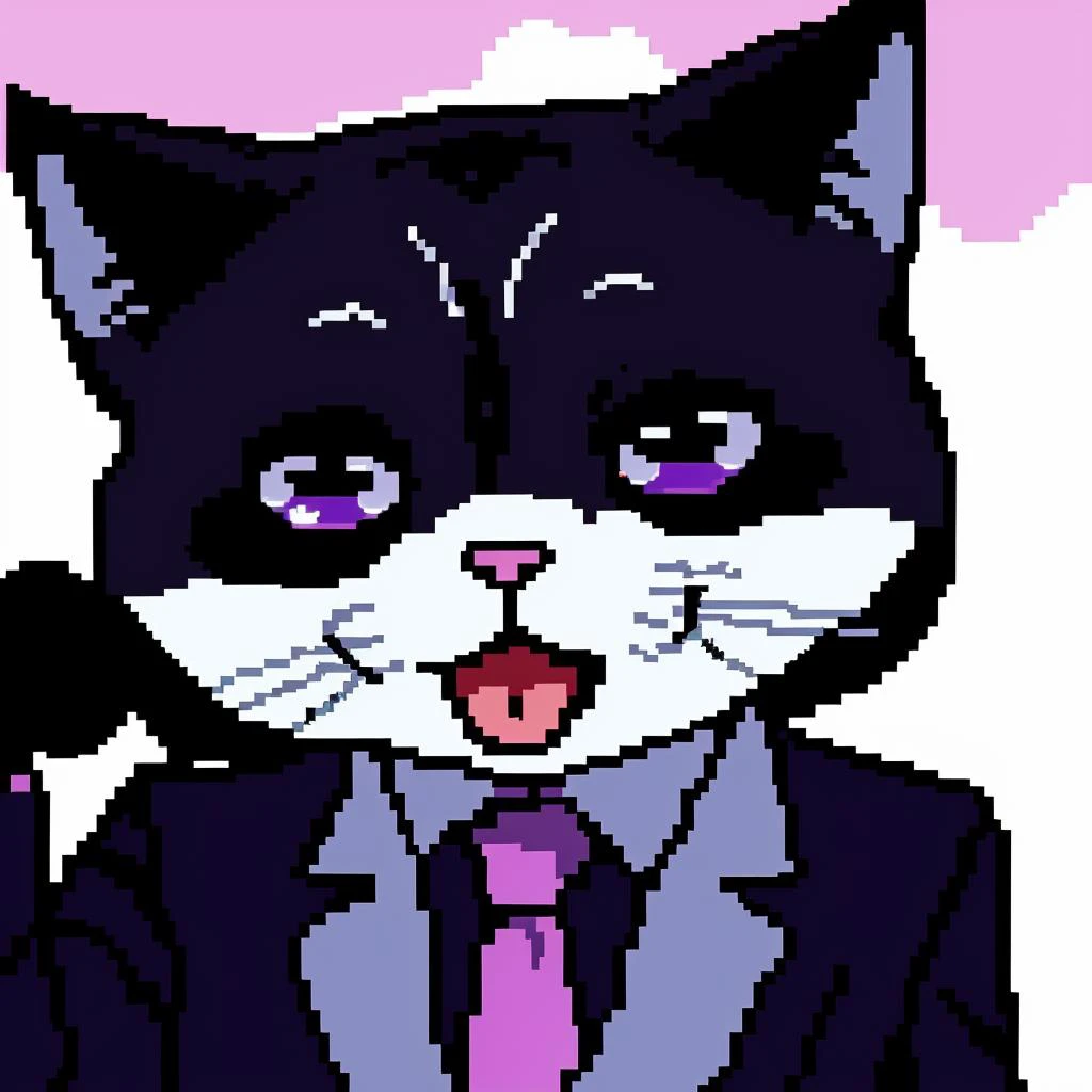 <lora:PA-pixelart:0.8>
(cute, black cat showing his tongue:1.1),  black suit, kawaii, rainbow, 8bit, pixel style, detailed portrait, close up, big  detailed eyes
 anime style