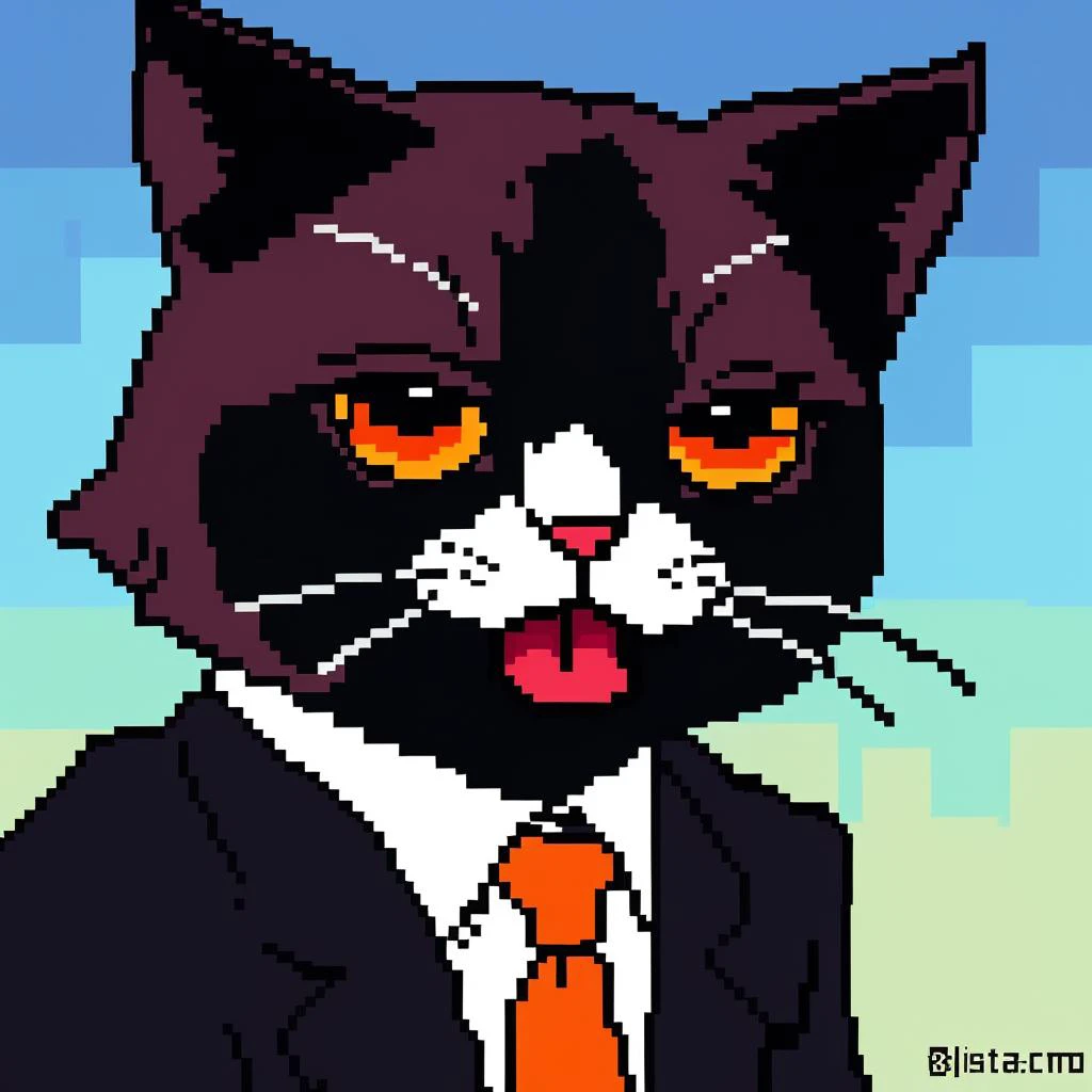 <lora:PA-pixelart:0.8>
(cute, black cat showing his tongue:1.1), black suit, kawaii, rainbow, 8bit, pixel style, detailed portrait, close up, big orange eyes
anime style