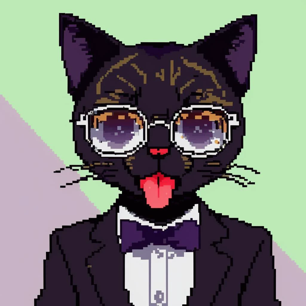 <lora:PA-pixelart:0.8>
(cute, black cat showing his tongue:1.1), black suit, big glasses kawaii, 8bit, pixel style, detailed portrait, close up, big detailed eyes
anime style, purple hue