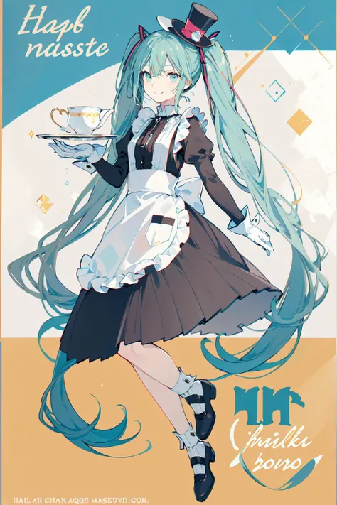 (masterpiece:1.2), best quality,PIXIV,Sweet girl ,
1girl, long hair, solo, gloves, hat, striped, very long hair, white gloves, cup, skirt, socks, twintails, vertical stripes, multicolored hair, smile, ribbon, hatsune miku, apron, tray, shirt, looking at viewer, holding, waist apron, top hat, hair ribbon, english text, black skirt, frills, teacup, aqua eyes, kneehighs, aqua hair, black footwear, two-tone hair
<lora:Sweet girl p_20231030174934-000018:0.8>