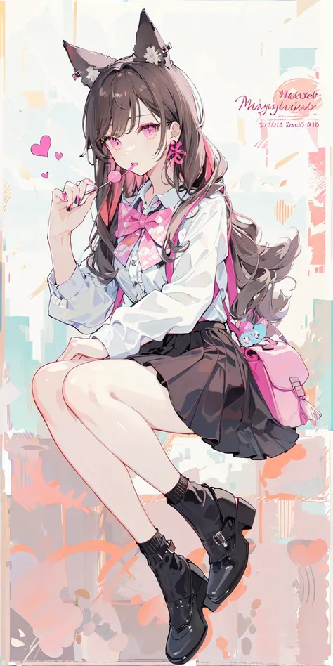 (masterpiece:1.2), best quality,PIXIV,Sweet girl ,
1girl, solo, skirt, heart, bag, bow, food, pink skirt, white socks, pink eyes, black footwear, jewelry, long hair, socks, long sleeves, cosmetics, shirt, shoes, candy, earrings, lipstick tube, backpack, animal ears, looking at viewer, hair bow, frills, full body, mary janes, pink hair, pink bag, sitting, white shirt, pink theme, lollipop, heart earrings, black bow, brown hair, bangs, bowtie, pink background, holding, makeup, ribbon, nail polish
<lora:Sweet girl p_20231030174934-000018:0.8>