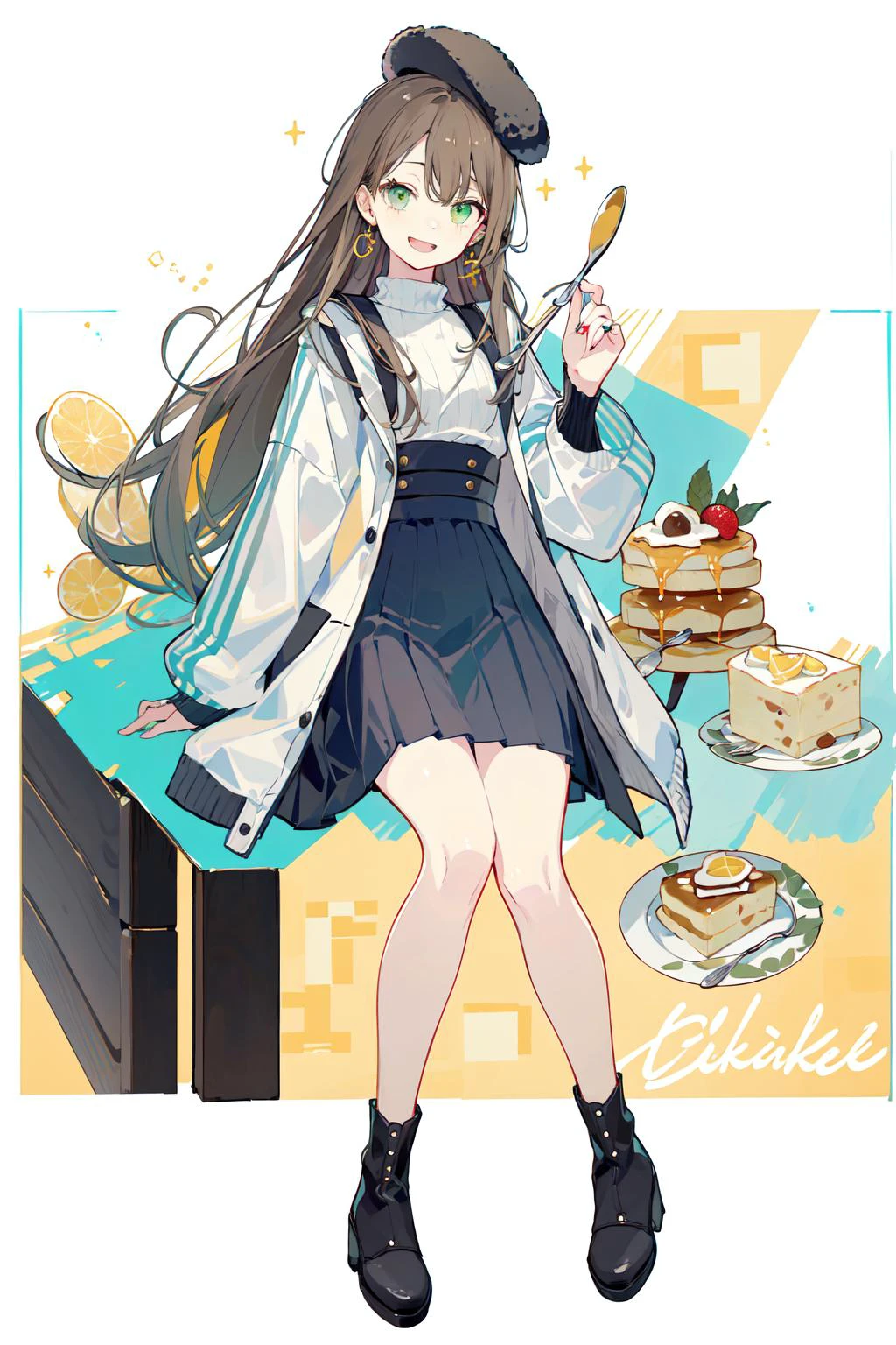 (masterpiece:1.2), best quality,PIXIV,Sweet girl ,
1girl, skirt, food, bag, pancake, solo, yellow skirt, hat, fork, backpack, earrings, green eyes, jewelry, long sleeves, looking at viewer, long skirt, plate, smile, full body, brown headwear, sleeves past wrists, open mouth, black footwear, brown hair, bangs, boots, socks, long hair, beret, spoon, white jacket, jacket, english text, holding, pudding, cake, holding fork, syrup, fruit, sweater, pancake stack, grey hair, shoes, shirt, black headwear
<lora:Sweet girl p_20231030174934-000018:0.8>