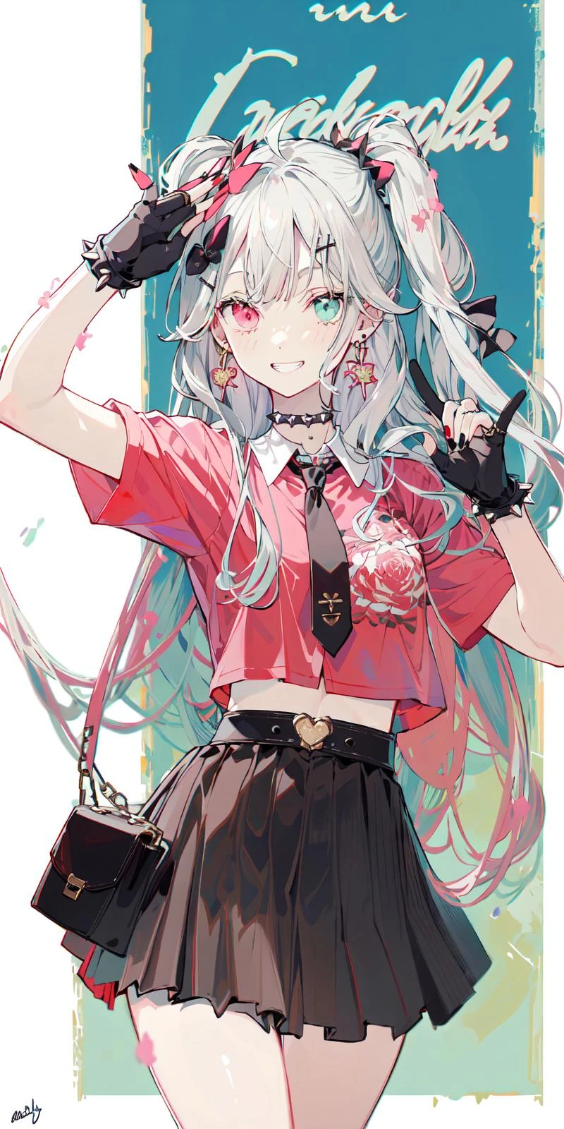 (masterpiece:1.2), best quality,PIXIV,Sweet girl ,
1girl, solo, long hair, smile, skirt, gloves, heterochromia, hair ornament, fingerless gloves, bow, hair bow, jewelry, black gloves, plaid skirt, multicolored hair, fishnets, looking at viewer, shirt, plaid, earrings, black bow, nail polish, belt, heart, red shirt, short sleeves, grin, crop top, single glove, bangs, red skirt, cowboy shot, arms up, bandages, hairclip, choker, ahoge, black nails, signature, pink eyes, necktie, bandaged arm, very long hair, spikes, midriff, collar, pleated skirt, black choker, black necktie, pink hair, polka dot, blush, ear piercing, miniskirt, grey eyes, grey hair, piercing, hands up, multicolored nails, heart hair ornament, streaked hair, black collar, black belt, white hair, red eyes, red nails, frills, safety pin, x hair ornament, ring, breasts, buckle, badge, chain, spiked bracelet, character name, bracelet
<lora:Sweet girl p_20231030174934-000018:0.8>