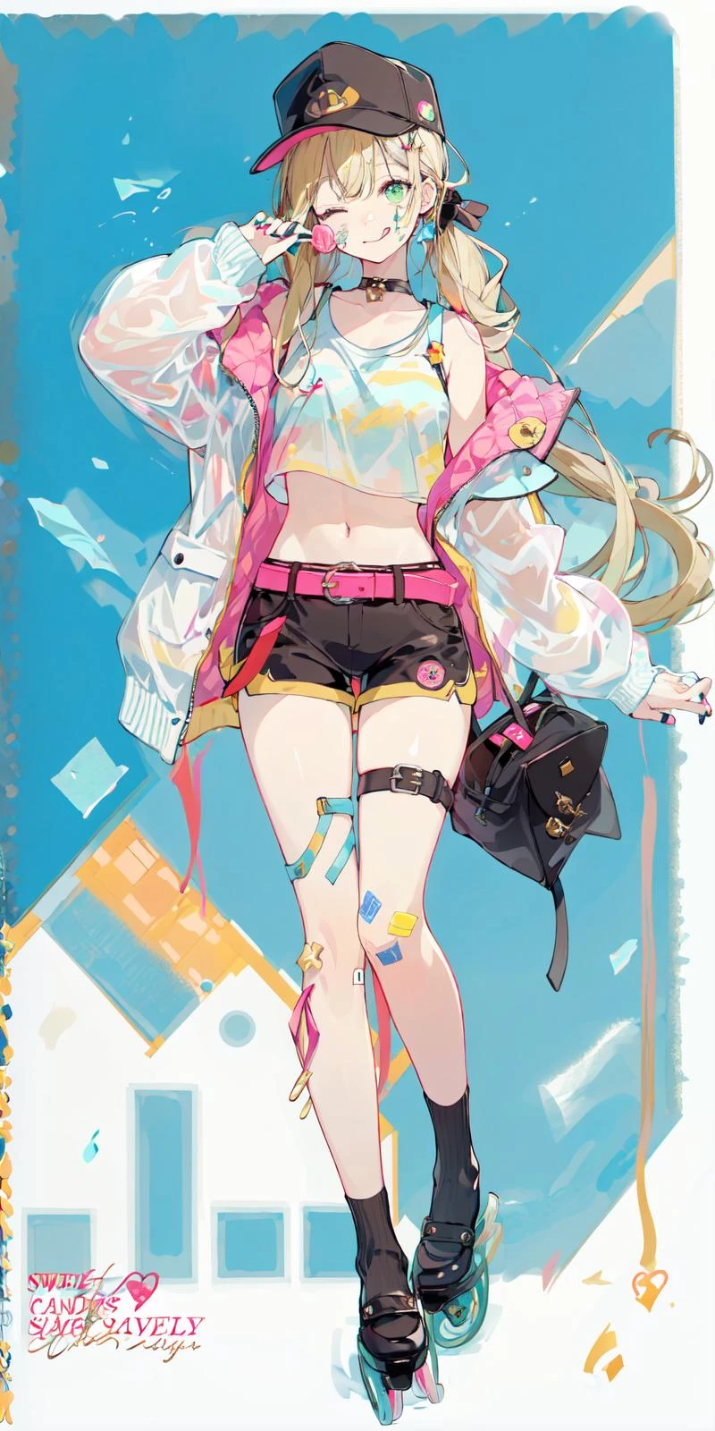 (masterpiece:1.2), best quality,PIXIV,Sweet girl ,standing,
1girl, candy, green eyes, solo, shorts, one eye closed, lollipop, twintails, food, socks, hat, black shorts, jacket, roller skates, shirt, long sleeves, green nails, belt, open clothes, blonde hair, skates, short shorts, see-through, full body, crop top, open jacket, black socks, midriff, white jacket, black shirt, thigh strap, holding candy, black headwear, collarbone, animal hat, hand on hip, english text, long hair, bangs, smile, stuffed toy, nail polish, looking at viewer, tongue out, holding lollipop, tongue, bandaid on leg, stuffed animal, hand up, bandaid, navel, baseball cap, badge, white footwear, hair ornament, holding, fake animal ears, button badge
<lora:Sweet girl p_20231030174934-000018:0.8>
